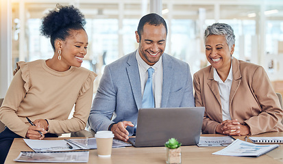 Image showing Happy business people, team and laptop discussion for advice, company update and planning ideas to review data online. Diversity, corporate group and office employees in collaboration on computer