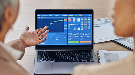 Image showing Hand, laptop and chart on screen for crypto, finance or investment for teamwork, analysis or review. Business people, computer and graph in trading, fintech app or stock market with investment growth