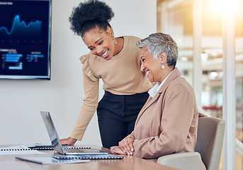 Image showing Business women, laptop and reading together for analysis, progress and success with finance, crypto or trading. Senior CEO, financial advisor and computer in office for investment, coaching or ideas