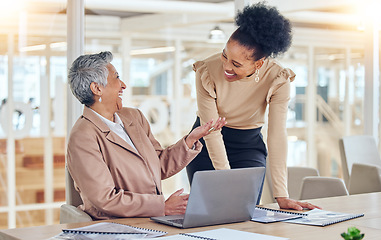 Image showing Business people, laptop and happy support, advice or teamwork, collaboration and funny marketing meme. Manager, clients or professional woman on computer for online project and coworking meeting