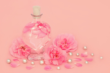 Image showing Rose Flower Perfume with Pink Roses Pearls and Petals