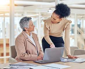 Image showing Business people, laptop and training, advice or teamwork, collaboration and planning with marketing mentor. Manager, clients or professional woman on computer for online ideas and coworking questions