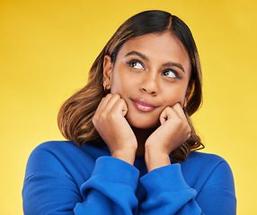 Image showing Young woman, student and thinking in studio with ideas, vision and remember happy memory by yellow background. Gen z girl, mindset and brainstorming with decision, choice or future with planning