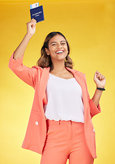 Image showing Excited, ticket and portrait of a woman with a passport on a studio background for travel. Smile, flight and a young girl with documents, ID or a boarding pass for a holiday or vacation on backdrop