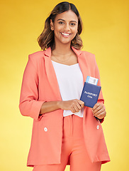 Image showing Smile, ticket and portrait of a woman with a passport on a studio background for travel. Show, flight and a young girl with documents, ID or a boarding pass for a holiday or vacation on backdrop