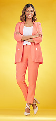 Image showing Confident, proud and portrait of business woman with smile for company isolated in studio yellow background. Fashion, corporate and young entrepreneur or employee happy for opportunity of startup