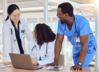 Image showing Group, laptop and collaboration with doctors talking healthcare results, online feedback or report. Hospital staff, diversity people and medical nurse, surgeon and teamwork discussion on research