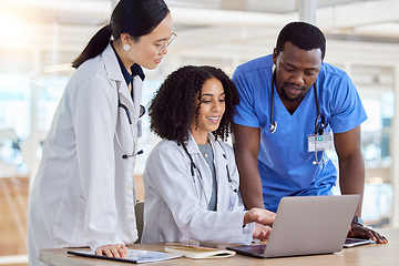 Image showing Laptop, group collaboration or doctors reading healthcare results, online clinic feedback or medicine report. Hospital diversity, communication or medical nurse, surgeon or staff teamwork on research