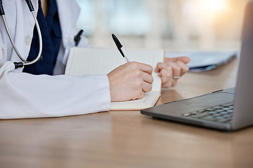 Image showing Hands, healthcare and a doctor writing in a notebook while in an office in the hospital for planning. Medical, health or consulting with a medicine professional in a clinic to schedule an appointment