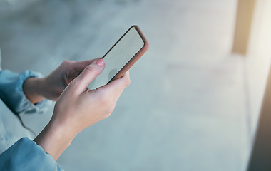 Image showing Phone, mockup and hands of business person in office for social media, internet and mobile space. Technology, professional and closeup of worker on smartphone for website, branding and advertisement