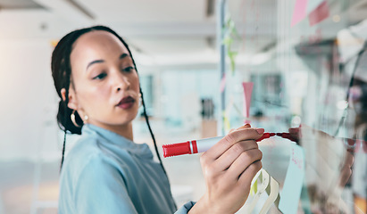 Image showing Woman at glass with ideas, moodboard and pen for business planning, brainstorming or working process. Thinking, strategy plan and writing notes for startup proposal on mind map at office workshop.