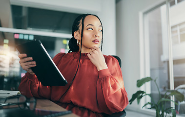 Image showing Office, tablet and thinking business woman planning, brainstorming and working on ideas, research or project. App designer, problem solving and professional person wonder about development plan