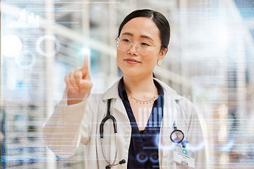 Image showing Doctor, woman and medical screen hologram, biometric data and healthcare dashboard in futuristic technology. Professional asian person press, fingerprint and clinic research or health results overlay
