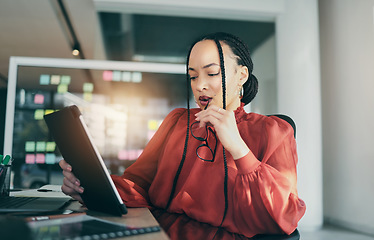 Image showing Thinking, tablet and business woman reading, planning and analysis of social media review, online design and customer experience. Report, problem solving or professional person doubt development plan