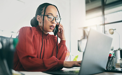 Image showing Phone call, laptop and business woman in office for planning, schedule and planning. Calendar, networking and administration with female employee in agency for communication, technology or connection