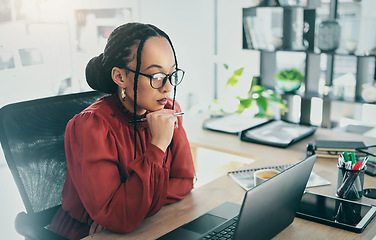 Image showing Thinking, laptop and business woman reading, planning and focus on project review, online report feedback or research. Ideas, problem solving or professional person brainstorming design agency plan