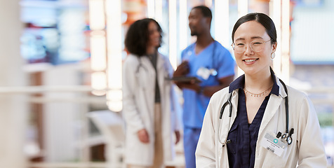 Image showing Doctor, healthcare and portrait of a woman in a hospital for medical support, trust and excellence. Leader, happy and professional asian person with a positive mindset for health and wellness at work