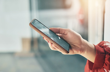 Image showing Phone, screen and hands of business woman in office for social media, internet and mobile app. Technology, professional and closeup of worker on smartphone for website, networking and online schedule