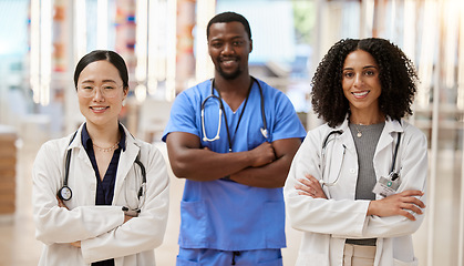 Image showing Medical group, doctors and portrait for hospital service, healthcare and teamwork with clinic diversity. Professional medical people, women or nurses in internship, health management and arms crossed