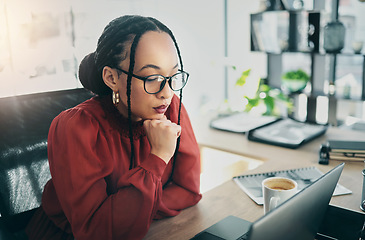 Image showing Thinking, laptop and professional woman focus, planning and reading journalist news report, project feedback or research. Editor, problem solving and female reporter with doubt over article story