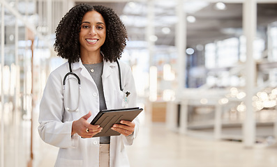 Image showing Happy, doctor and portrait of woman with tablet for research, telehealth or healthcare in hospital. Medical professional, face smile and tech of person, expert worker and employee from South Africa