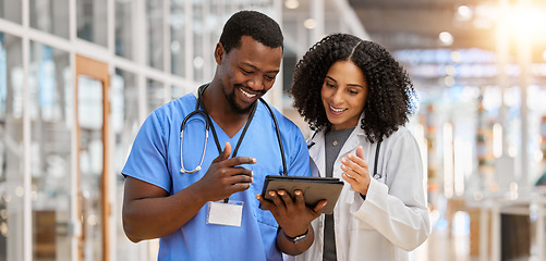 Image showing Tablet, happy collaboration or doctors reading healthcare results, clinic success info or medicine report. Hospital services, analysis and medical nurse, surgeon or people partnership on research job