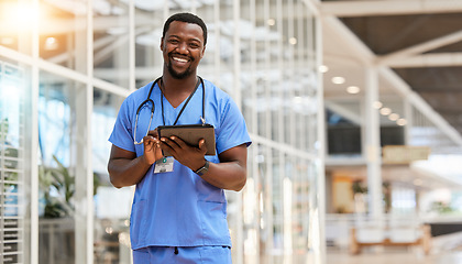Image showing Tablet, doctor and portrait of happy black man smile for healthcare results, clinic trust or medicine report. Medical nurse, professional surgeon or African person research info on hospital database