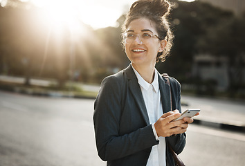 Image showing Employee, thinking and woman with a smartphone, outdoor and happiness with connection, social media and sms. Female person, worker in a city and consultant with a cellphone, opportunity and message