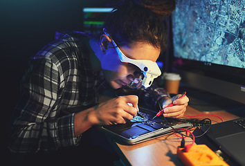 Image showing Woman, technician and motherboard with circuit, electronics or soldering iron with goggles in laboratory. Information technology, maintenance and programming for future, hardware and system in night