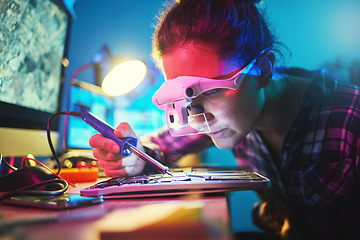 Image showing Woman, computer motherboard and soldering iron for manufacturing, microchip and it development. Information technology, circuit board and electronics for engineering, hardware and system with tools