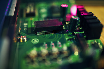Image showing Computer motherboard, closeup and programming with microchip, innovation or it development in laboratory. Information technology, circuit board or electronics for engineering, hardware or maintenance