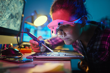 Image showing Engineer woman, motherboard and soldering iron for manufacturing, microchip and it development. Information technology, circuit board and electronics for programming, hardware and system with tools