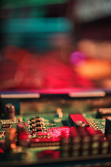 Image showing Computer motherboard, closeup and manufacturing with microchip, mockup space and it development in lab. Information technology, circuit board and electronics for programming, hardware and system