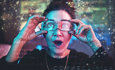 Image showing Virtual reality, spy and hologram with woman and glasses for futuristic, headset and cyber network. Neon, night and 3d with person at home for technology abstract, monitor and digital system