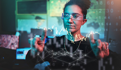 Image showing Woman hacking, glasses and cybersecurity, hologram algorithm and code with malware, futuristic technology and iot. Data protection overlay, dashboard and programmer with virtual reality map for info.