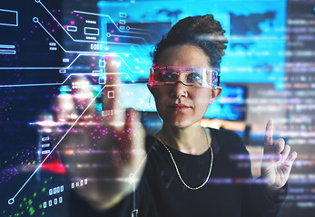 Image showing Woman with cybersecurity, hologram button and glasses with vr, futuristic technology and location privacy. Data protection overlay, iot dashboard and research programmer with virtual reality goggles.