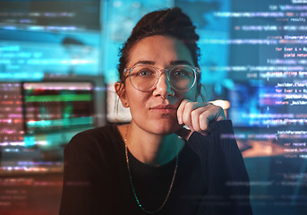 Image showing Portrait of woman, coding and cybersecurity, hologram screen and agent with malware, futuristic technology and privacy. Data protection overlay, iot dashboard and programmer on virtual reality login