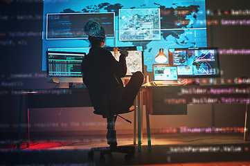 Image showing Woman, hacking and cybersecurity, hologram map and screen with malware, futuristic technology and global web security. Data protection overlay, world dashboard and programmer with digital safety code
