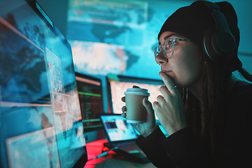 Image showing Woman, hacker and computer with thinking, night and coffee for analysis, cyber crime and ideas with monitor. Information technology expert, screen and dashboard with ransomware with phishing for data