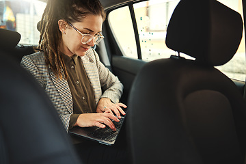 Image showing Laptop, taxi travel or professional woman typing online website search, reading schedule information or check agenda. Morning commute trip, car passenger and business person research on urban journey