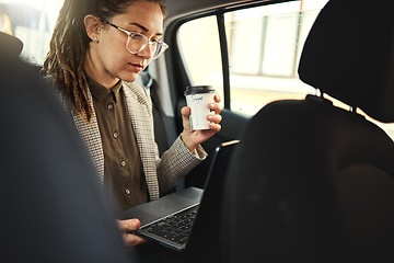 Image showing Laptop, taxi travel and business woman, consultant or agent working on online research, reading information or check email. Morning commute, city transportation and professional person on car journey