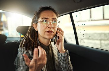 Image showing Phone call, taxi or business woman angry about problem, stress or frustrated with city traffic, schedule or time management crisis. Travel risk, cellphone or corporate person late on journey in car