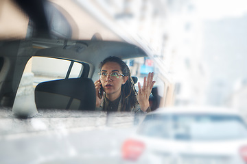 Image showing Phone call, taxi mirror and woman stress, consulting problem or frustrated with urban city traffic, crisis or schedule. Travel risk, car transport fail or reflection of late person on morning journey