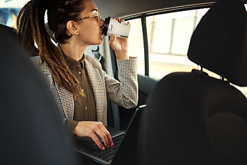 Image showing Coffee, taxi travel or business woman, consultant or agent drink wellness beverage, hot chocolate or latte on morning commute. Tea cup, laptop or person in auto car, city journey or transport service