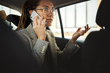 Image showing Phone call, taxi and business woman stress, consulting problem and frustrated with urban city traffic. Travel consultation, car transportation fail or late professional person chat on morning commute