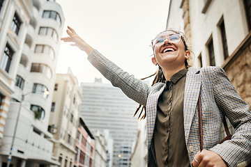 Image showing Happy woman in city, travel and stop taxi, commute to work with buildings, professional and transportation outdoor. Corporate female person in urban street, business clothes and journey to workplace