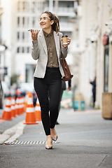 Image showing Speaker phone call, urban and business woman walking, smile or talking with city networking contact. Voice audio recording, speech to text or person chat on mobile, morning commute or trip journey