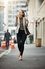 Image showing Speaker phone call, city street or business woman walking, consulting or talking with contact, user or person. Cellphone voice app, speech to text and agent chat on morning commute, trip or journey