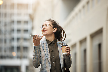 Image showing Speaker phone call, outdoor and professional woman walking, planning and talk with business contact. Voice note, coffee break and female consultant on morning consultation, work trip or city commute