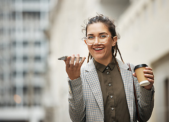 Image showing Speaker phone call, city and corporate woman portrait, happiness or talking with business contact. Audio voice recording, smartphone mic and person walking on morning commute, coffee break or journey